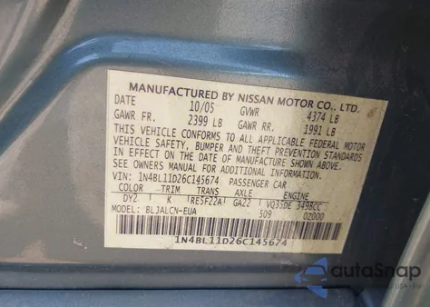 2006 Nissan Altima 3.5 Se from USA, damaged, VIN 1N4BL11D26C145674